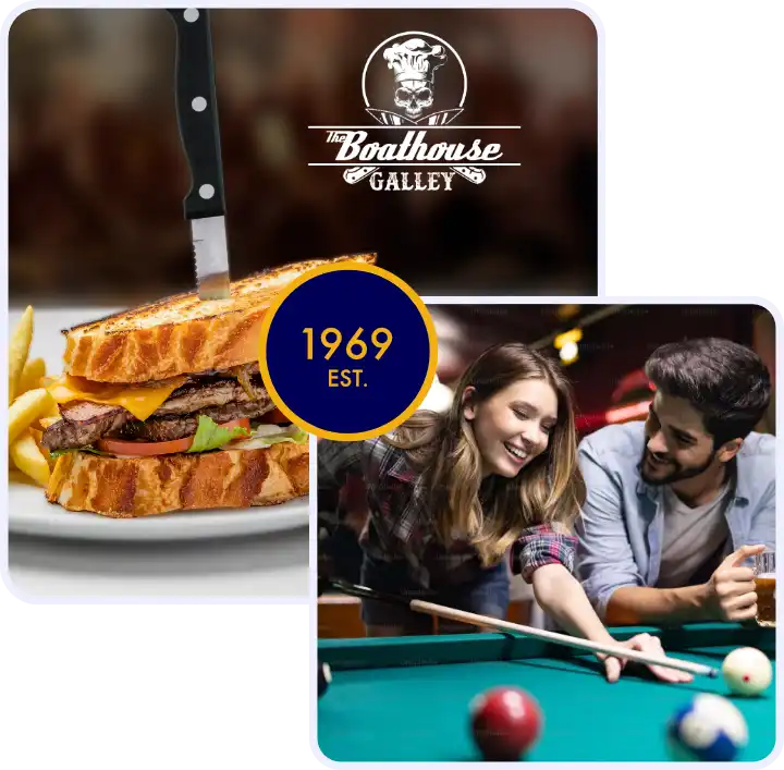 Steak sandwhich and male & female at pool table at the Boathouse Sports Bar & Grill in Mandurah WA
