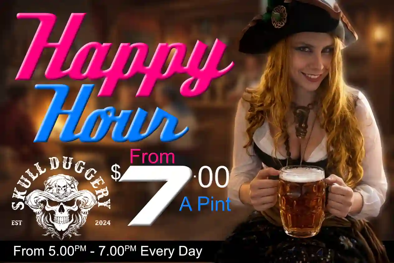 A female pirate wench hold a pint of Skull Duggery Premium Beer during Happy Hour at the Boathouse Sports Bar & Grill in Mandurah WA